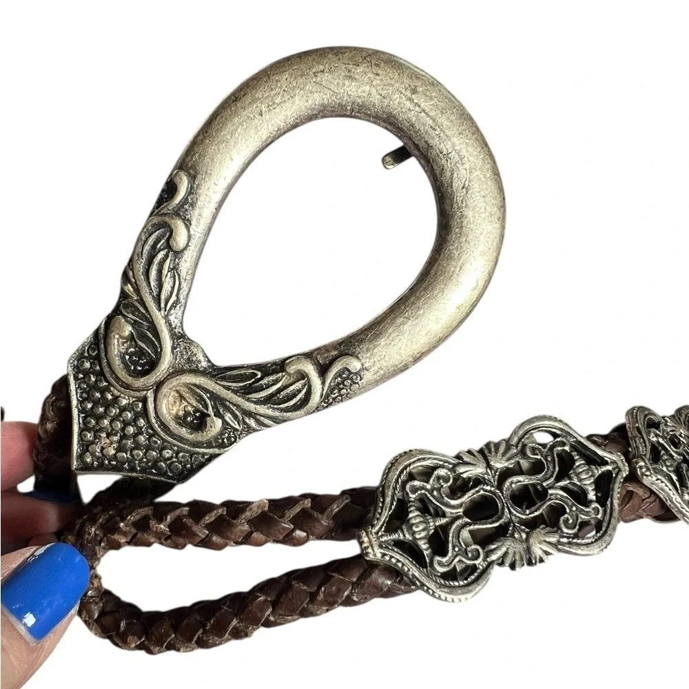 Brown Braided Leather Ornate Filigree Belt Western Casual